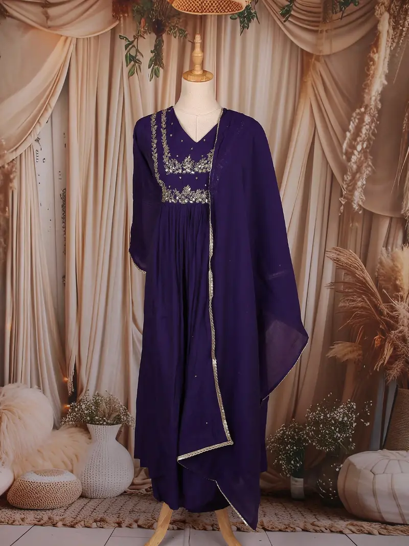 Deep Purple Sequins Embroidered Cotton Salwar With Dupatta 1
