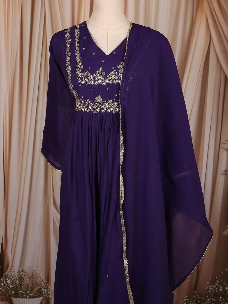 Deep Purple Sequins Embroidered Cotton Salwar With Dupatta 2
