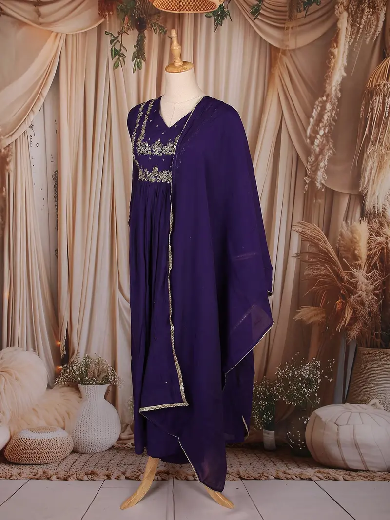 Deep Purple Sequins Embroidered Cotton Salwar With Dupatta 3