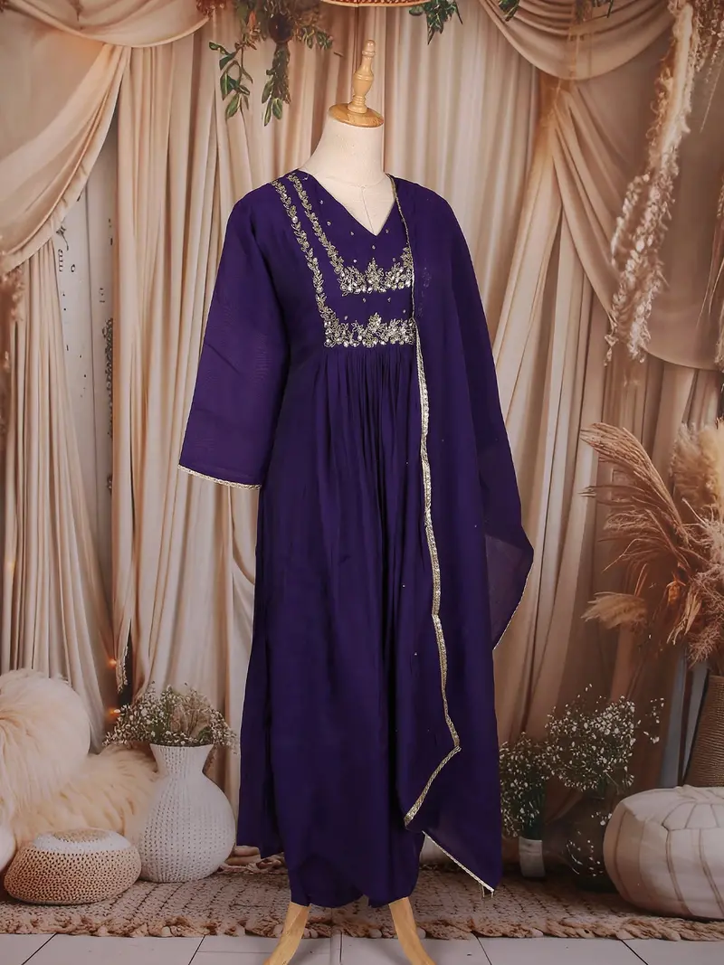 Deep Purple Sequins Embroidered Cotton Salwar With Dupatta 4