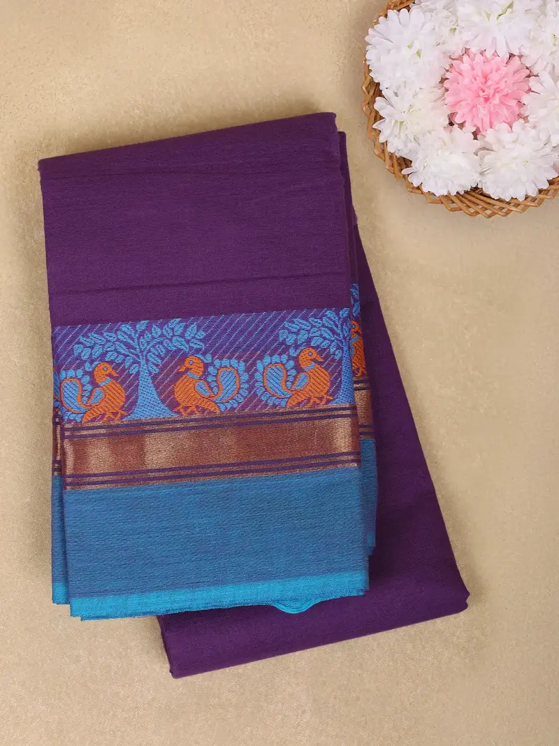 Deep Purple Solid Design Cotton Saree With Contrast Border 1