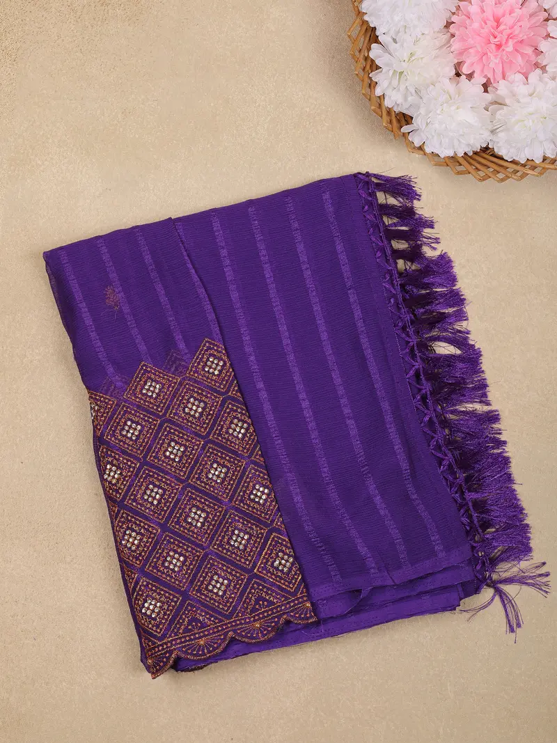 Deep Purple Striped Design Georgette Saree With Designer Blouse 1