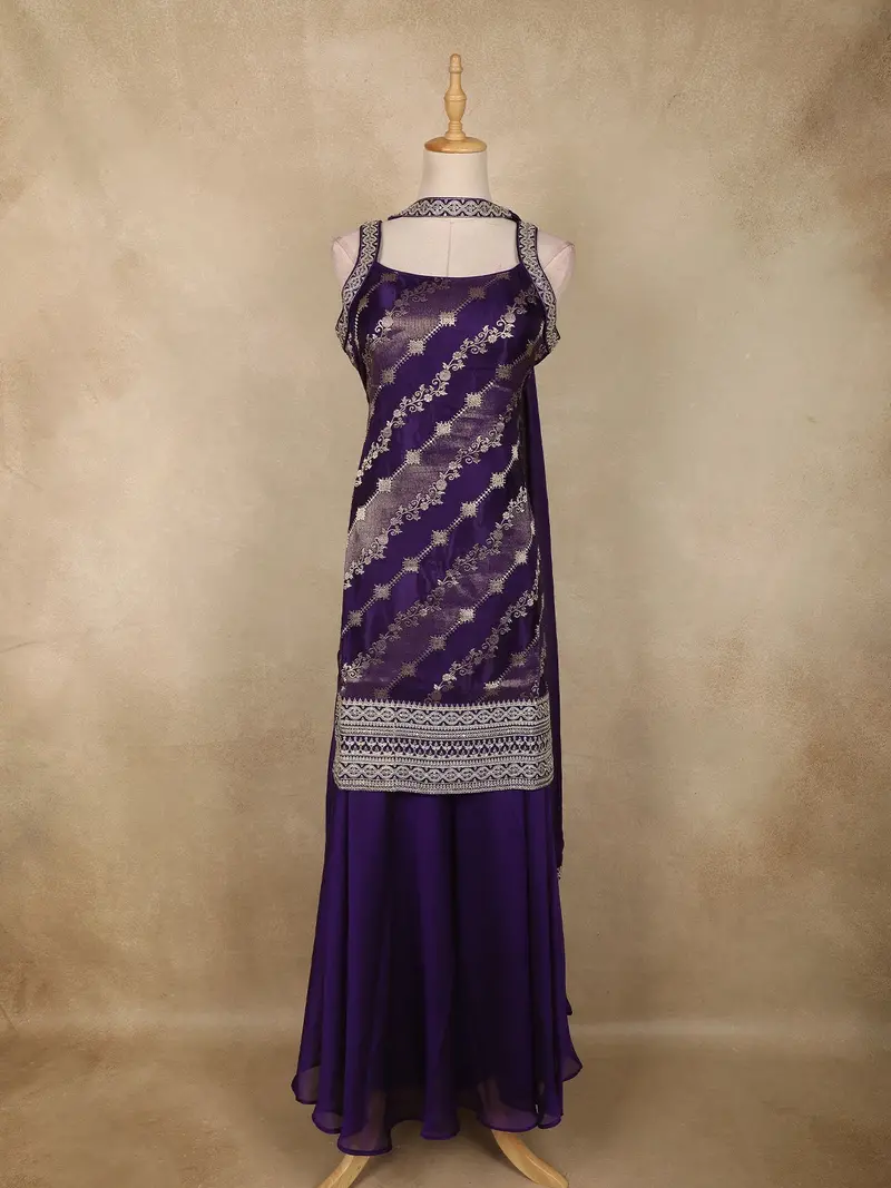 Deep Purple Zari Woven Design Silk Salwar Suit 1