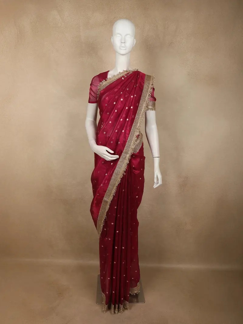 Deep Raspberry Pink Butta Zari Woven Design Tissue Saree With Designer Lace Border 1