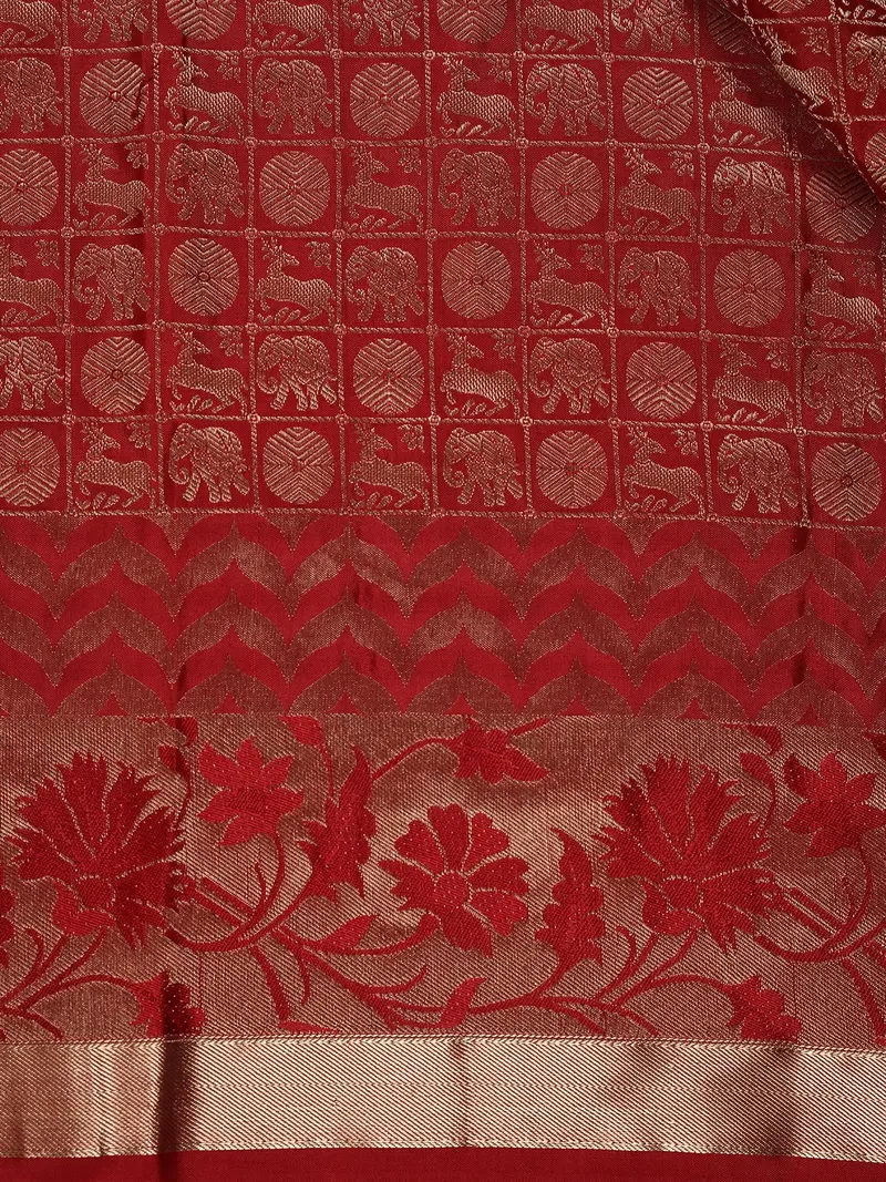Deep Red Animal Design Kanchipuram Silk Saree 2