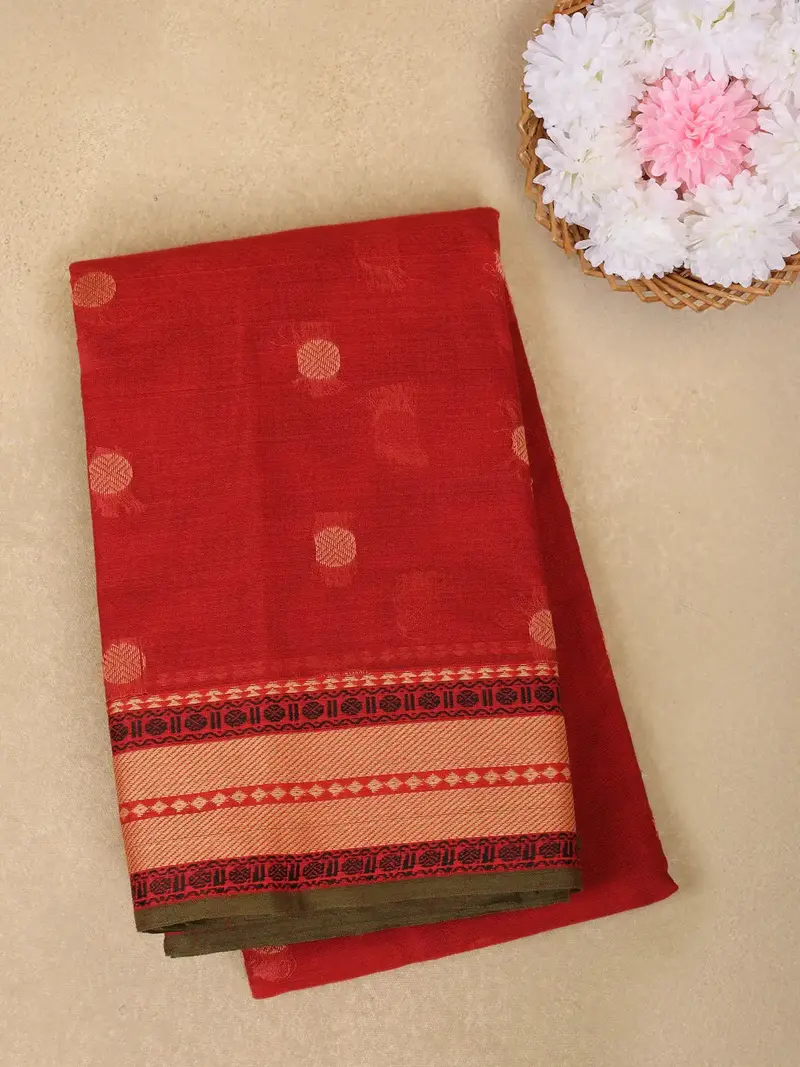 Deep Red Circle Motif Design Cotton Saree 1