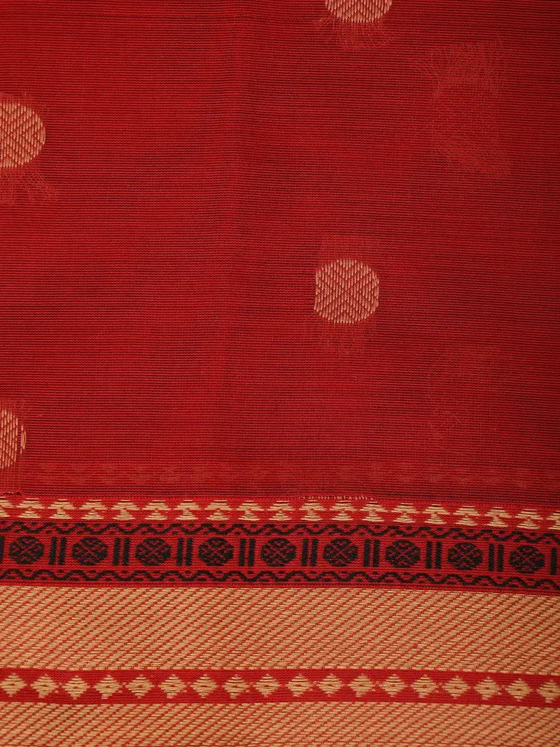 Deep Red Circle Motif Design Cotton Saree 2