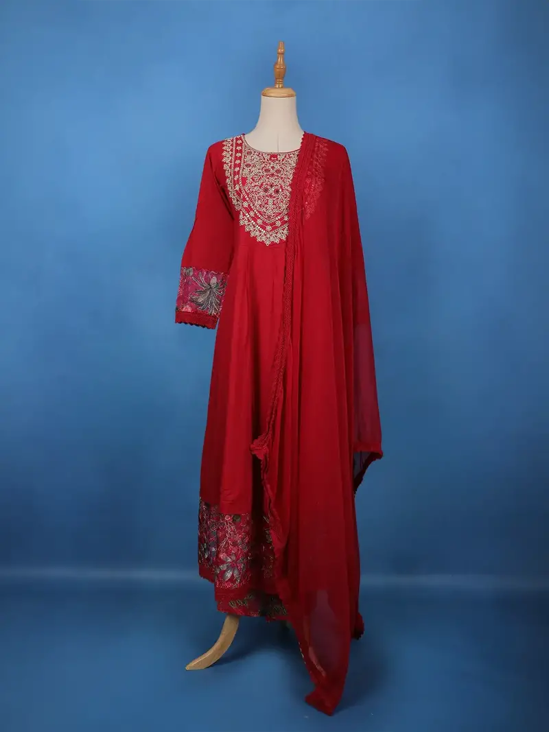 Deep Red Floral Embroidered Cotton Salwar Suit 1