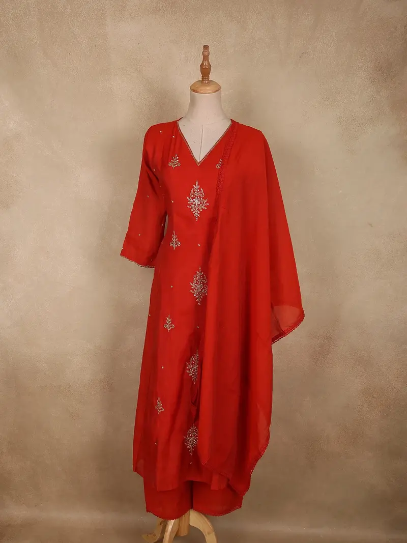 Deep Red Floral Thread Embroidered Design Georgette Salwar Suit With Dupatta 1