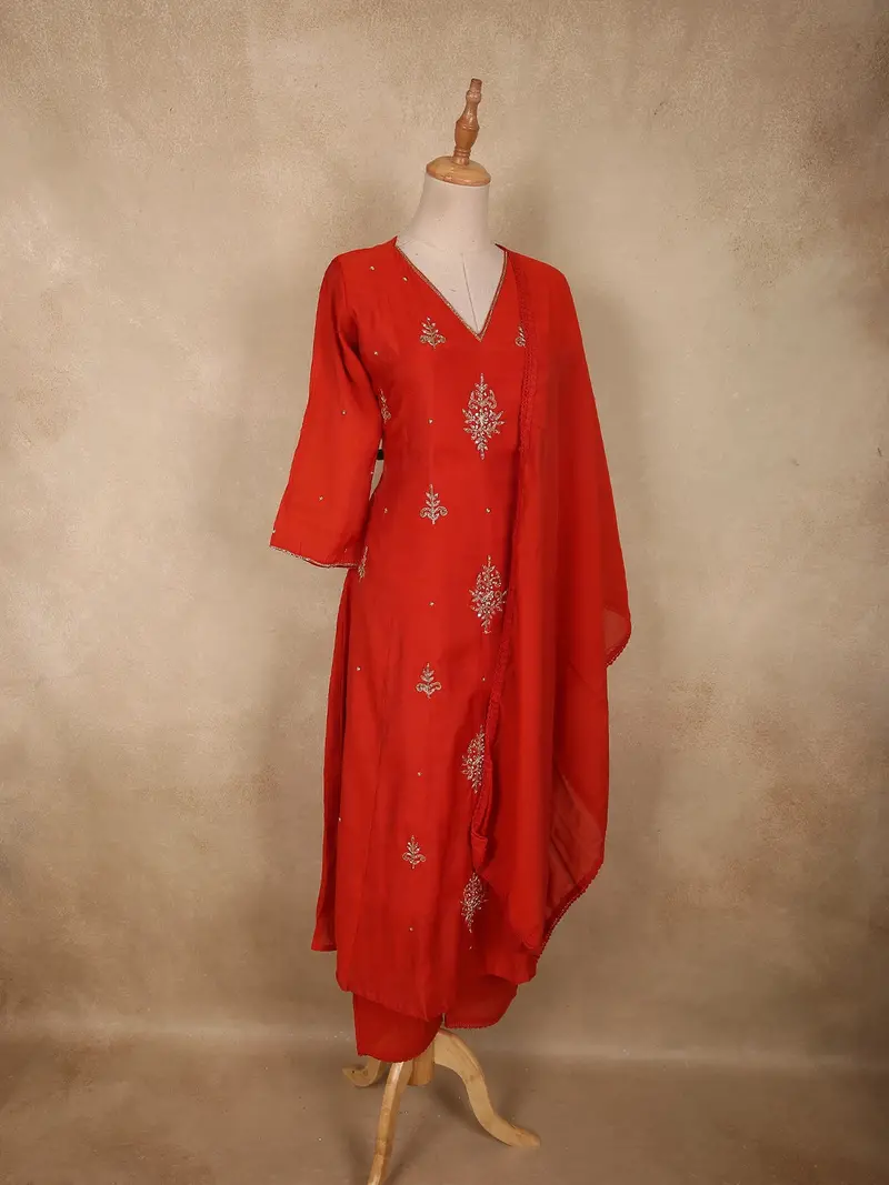 Deep Red Floral Thread Embroidered Design Georgette Salwar Suit With Dupatta 3