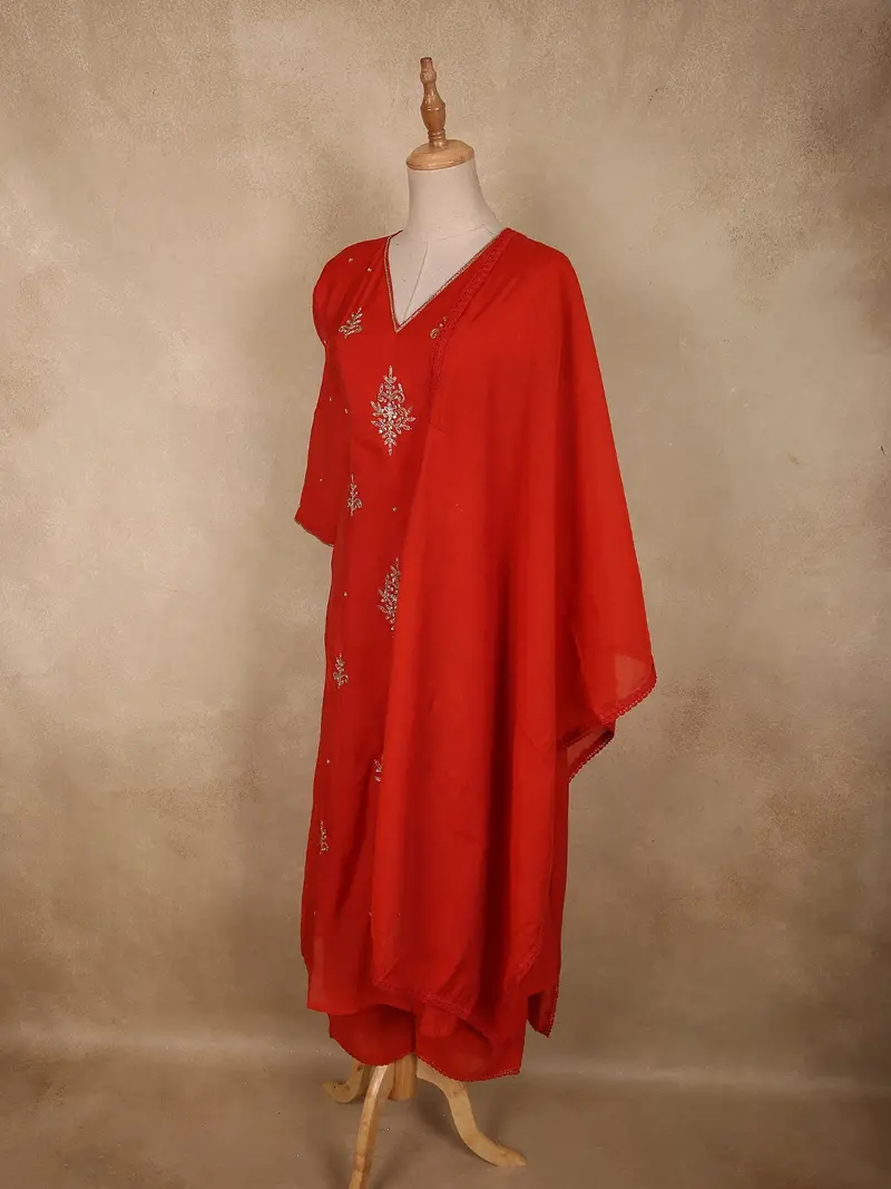 Deep Red Floral Thread Embroidered Design Georgette Salwar Suit With Dupatta 4
