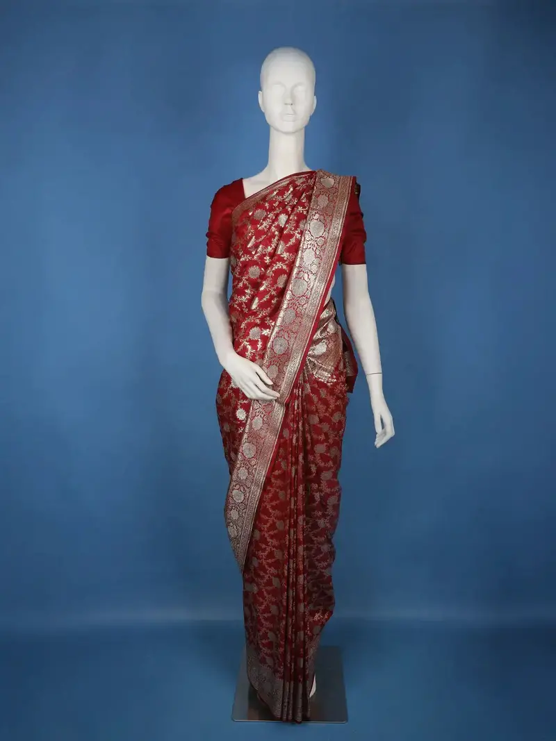 Deep Red Floral Woven Banarasi Silk Saree With Silver Zari Border 1