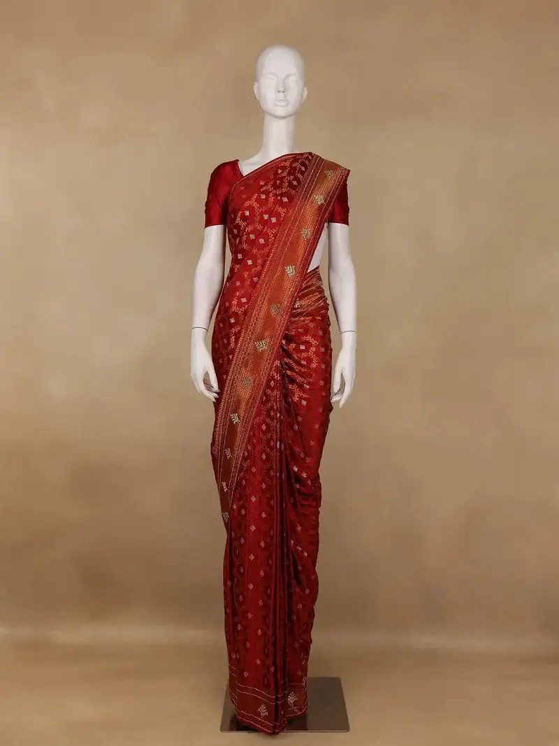 Deep Red Floral Woven Banarasi Silk Saree With Stone Embellished Border 1