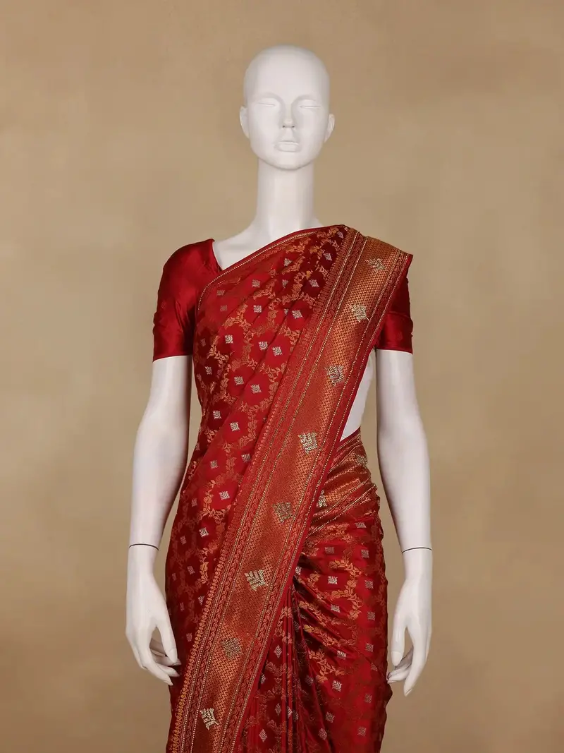 Deep Red Floral Woven Banarasi Silk Saree With Stone Embellished Border 2