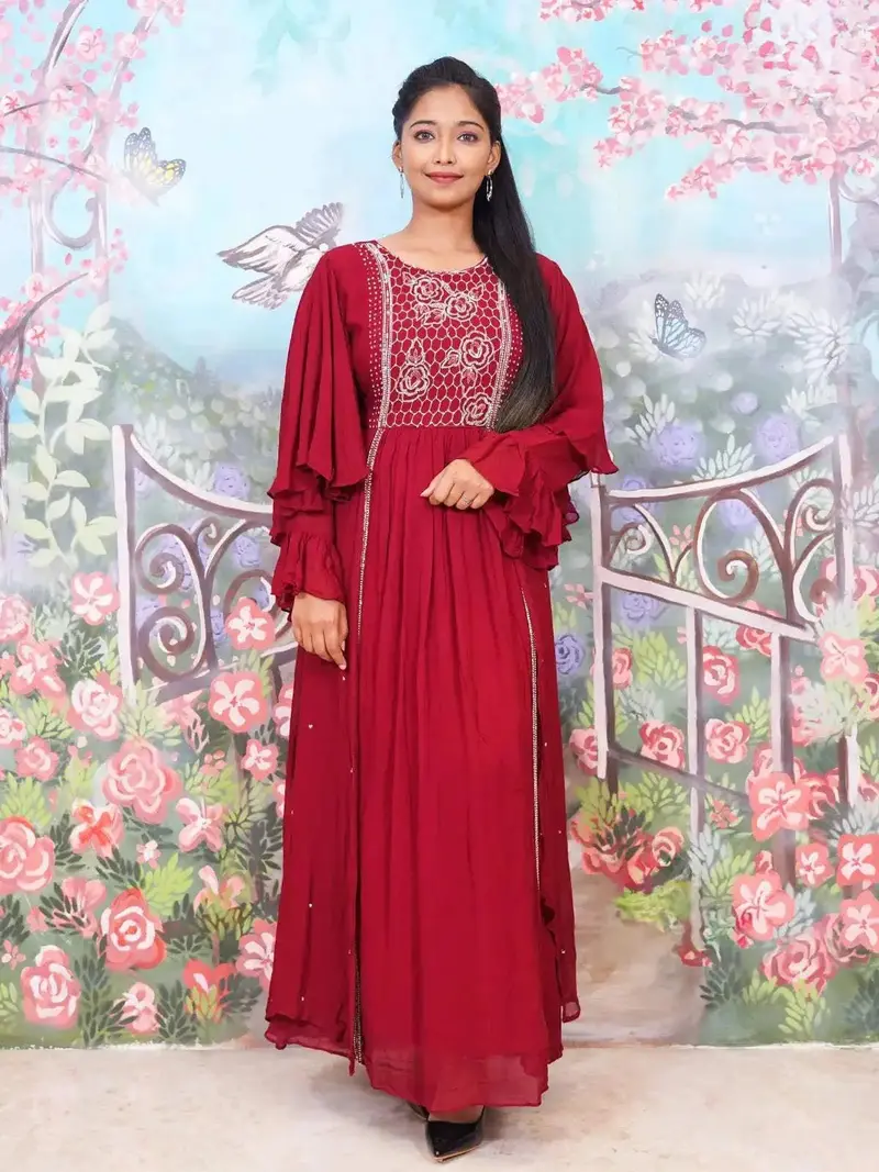 Deep Red Honeycomb And Floral Embroidery Ruffle Sleeve Kurti 1