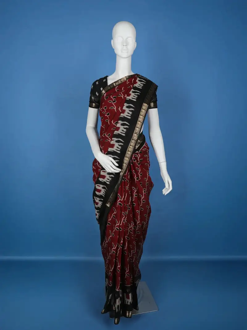 Deep Red Leaf Printed Chiffon Saree 1