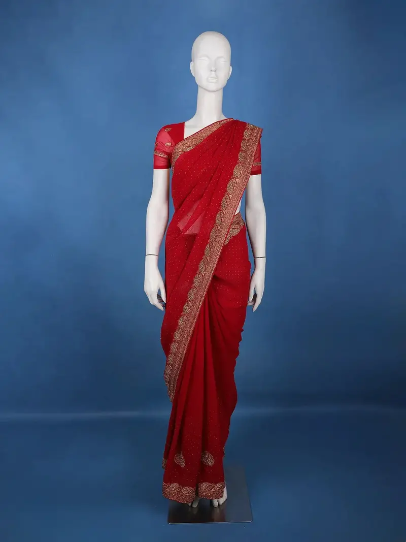 Deep Red Paisley Embroidered Chiffon Saree 1