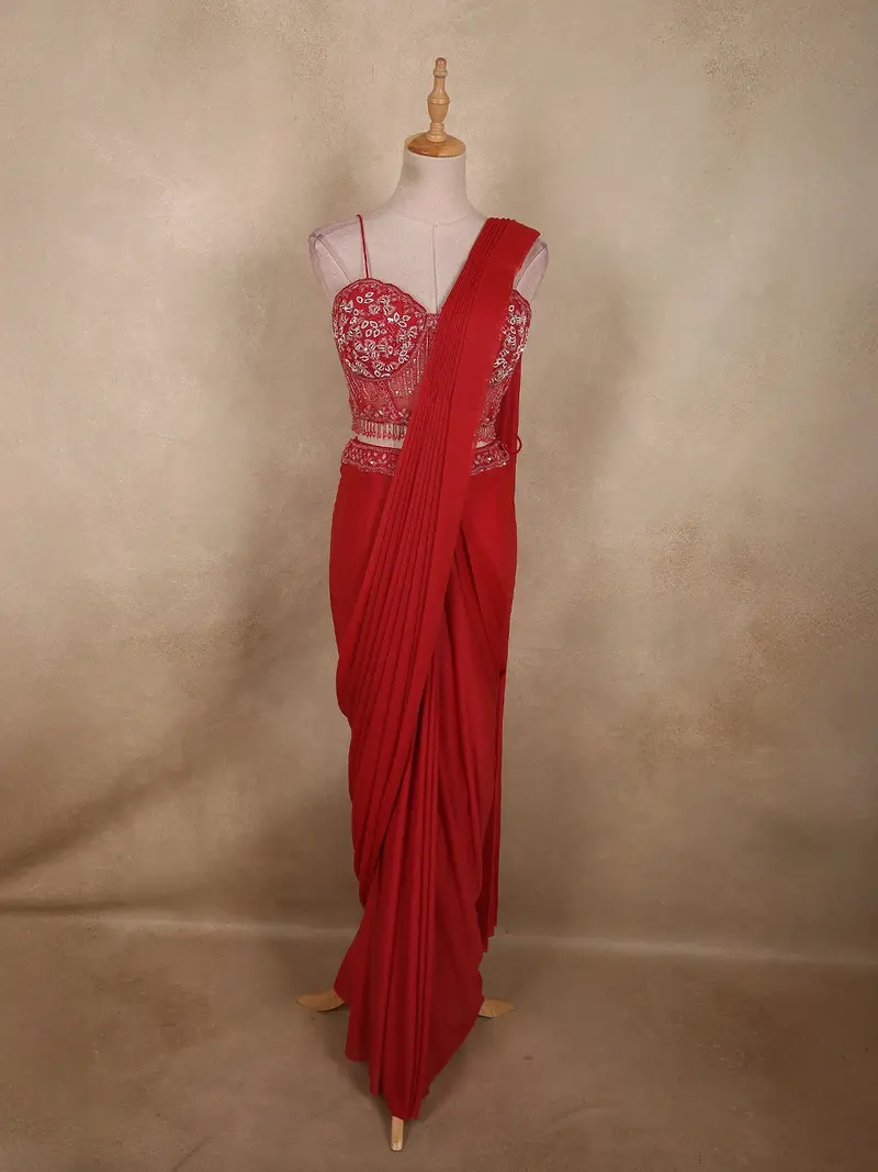 Deep Red Solid Design Satin Ready To Wear Saree With Designer Blouse 1