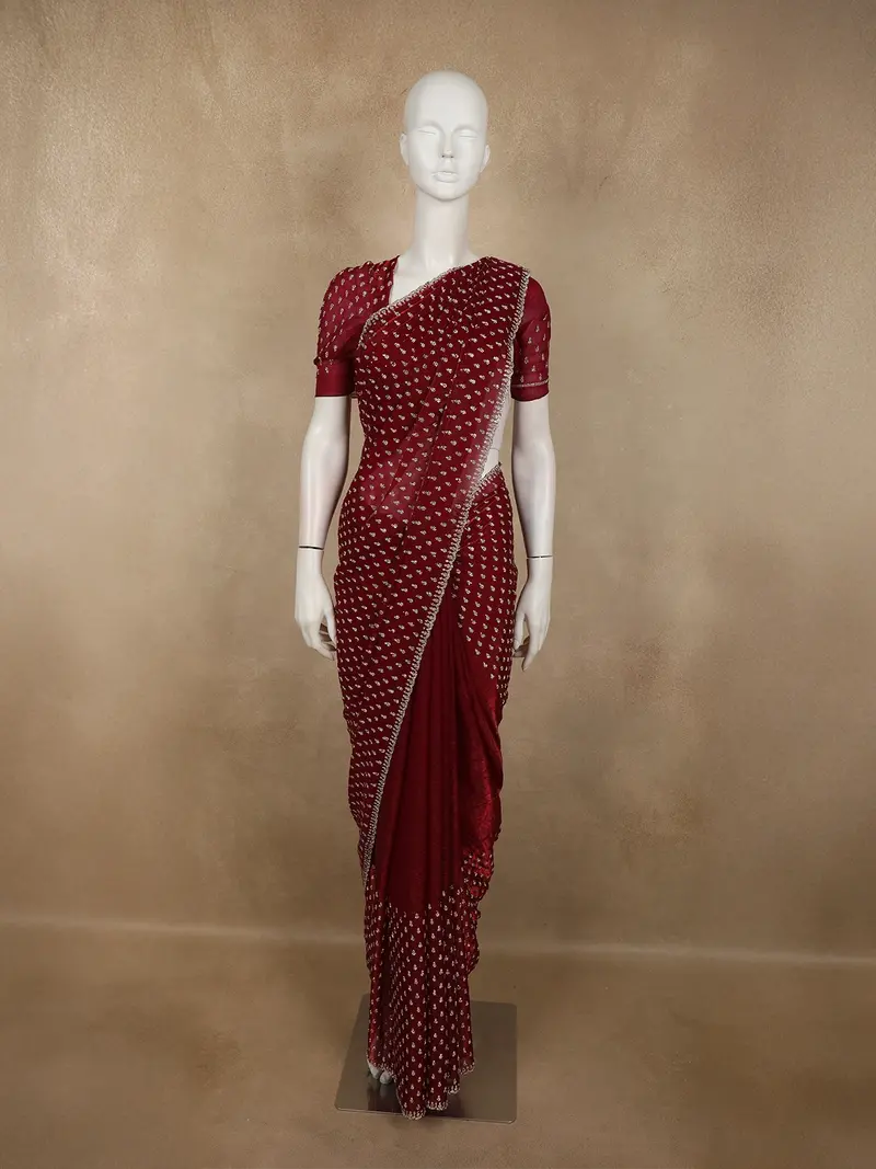 Deep Red Stone Embellished Design Space Silk Party Wear Saree 1