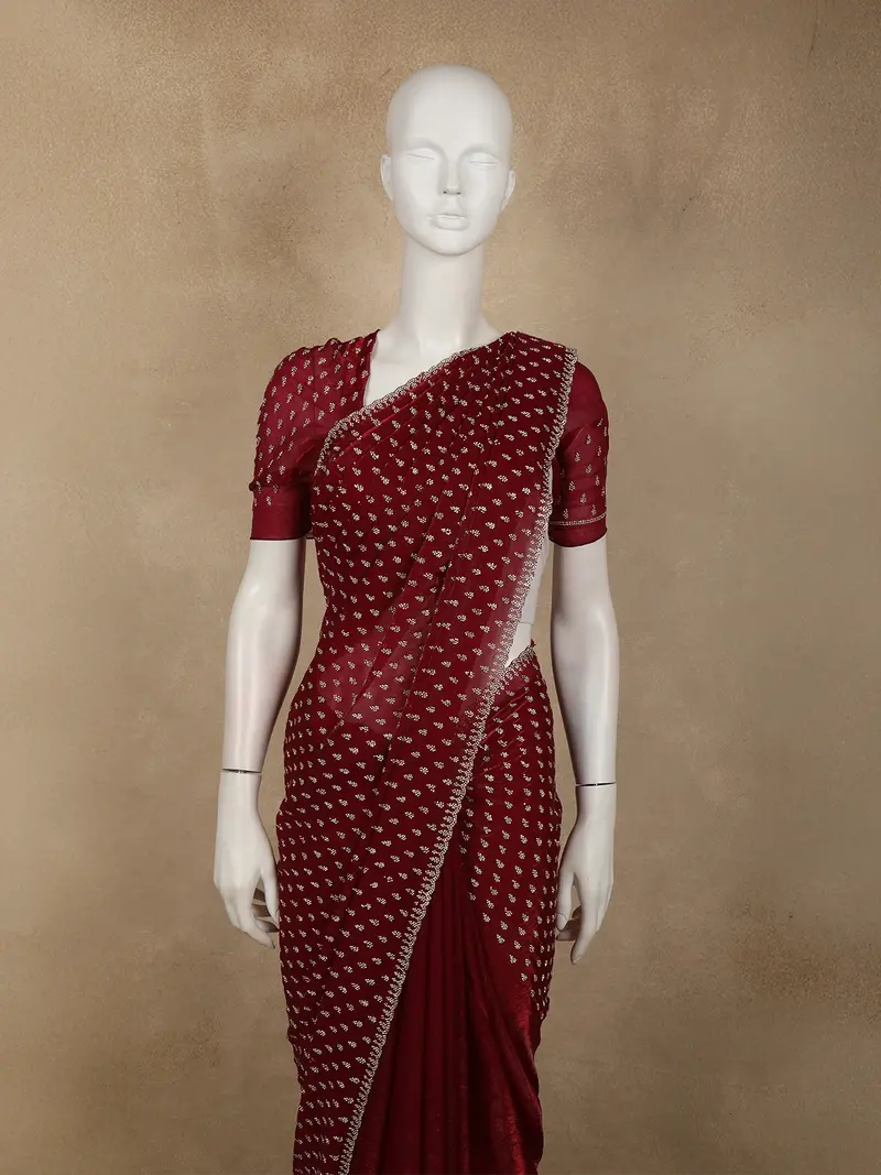 Deep Red Stone Embellished Design Space Silk Party Wear Saree 2