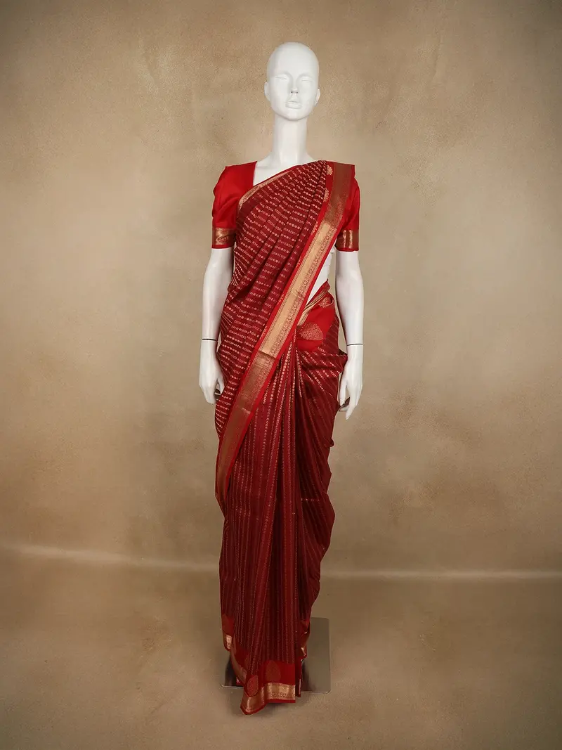 Deep Red Striped Woven Design Pure Kanchipuram Silk Saree With Gold Zari Border 1