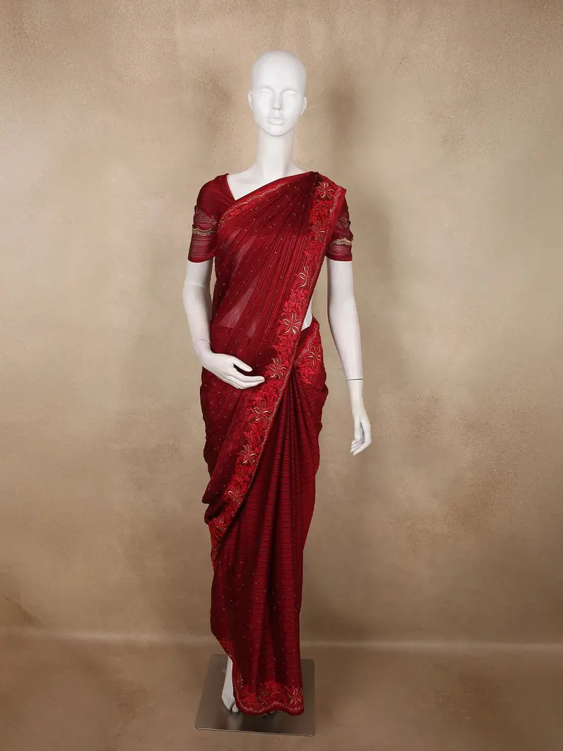 Deep Regal Crimson Red Stone Embellished Design Organza Saree 1