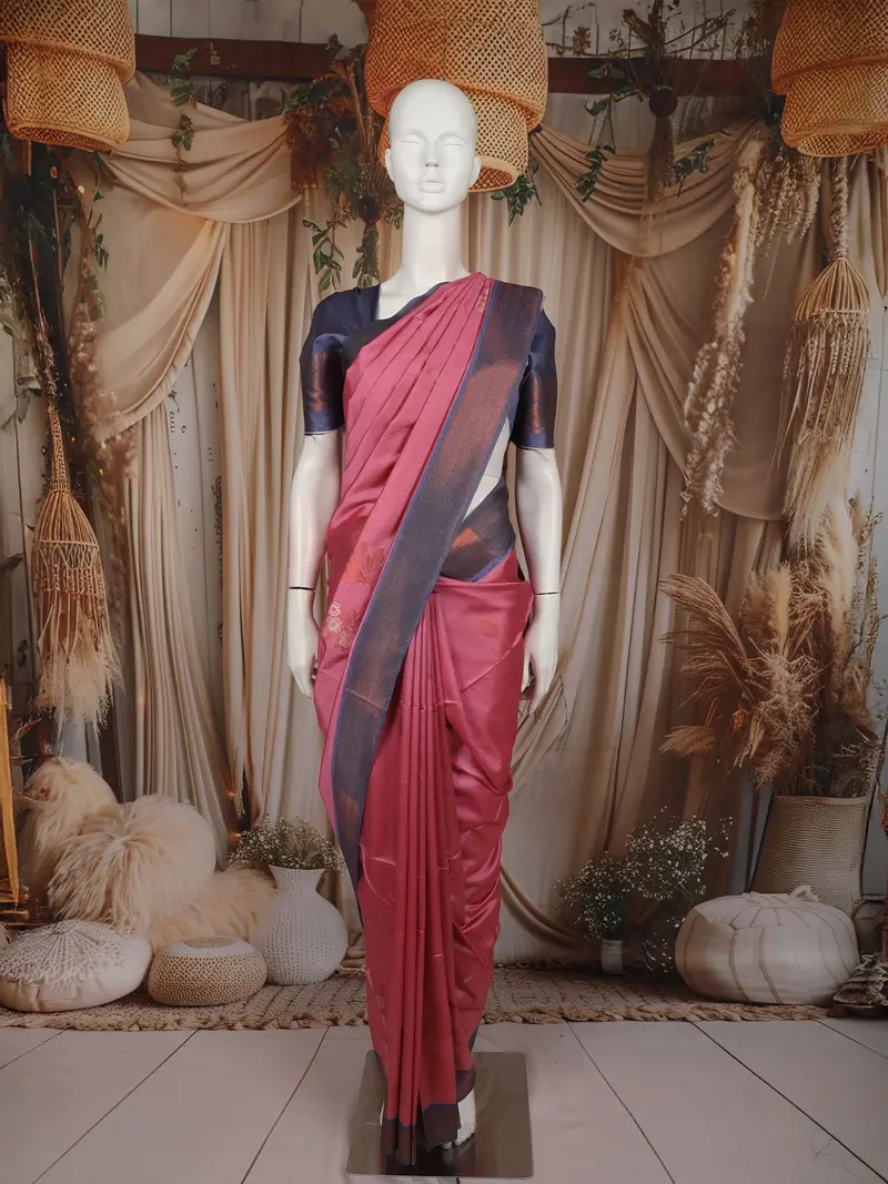 Deep Rose Pink Floral Butta Zari Woven Design Tussar Saree With Contrast Zari Border 1