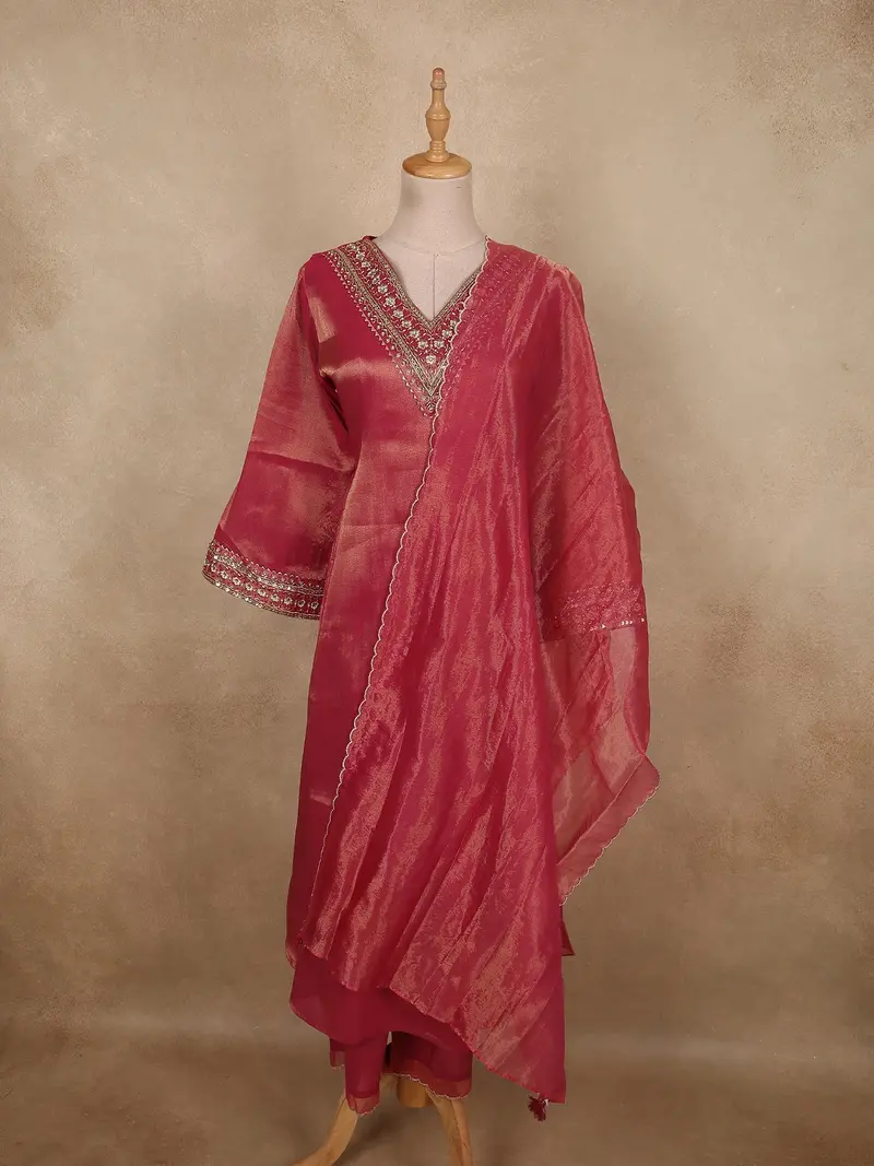Deep Rosewood Pink Floral Embroidered Design Tissue Silk Salwar Suit 1