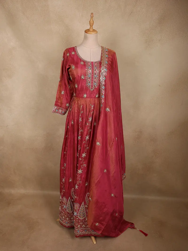 Deep Rosewood Pink Floral Sequins And Beads Embroidered Design Organza Gown With Dupatta 1