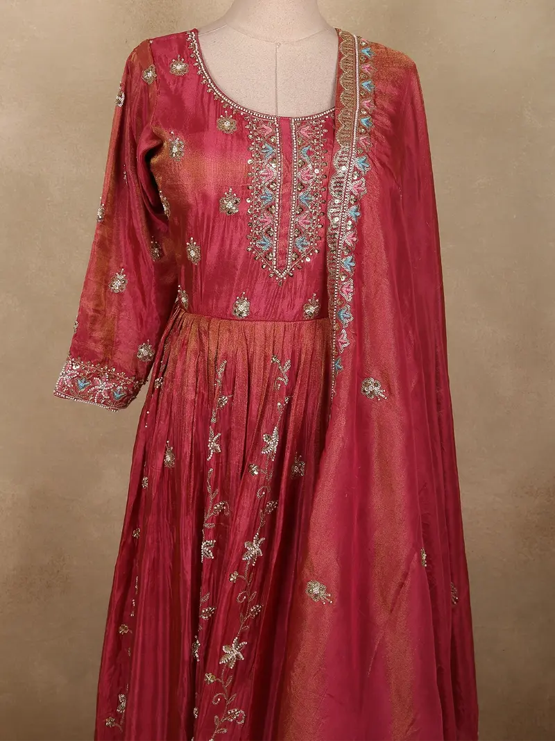 Deep Rosewood Pink Floral Sequins And Beads Embroidered Design Organza Gown With Dupatta 2