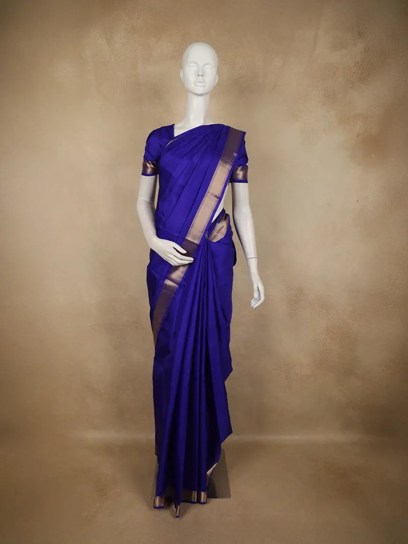 Deep Royal Blue Solid Woven Design Pure Kanchipuram Silk Saree With Zari Border 1