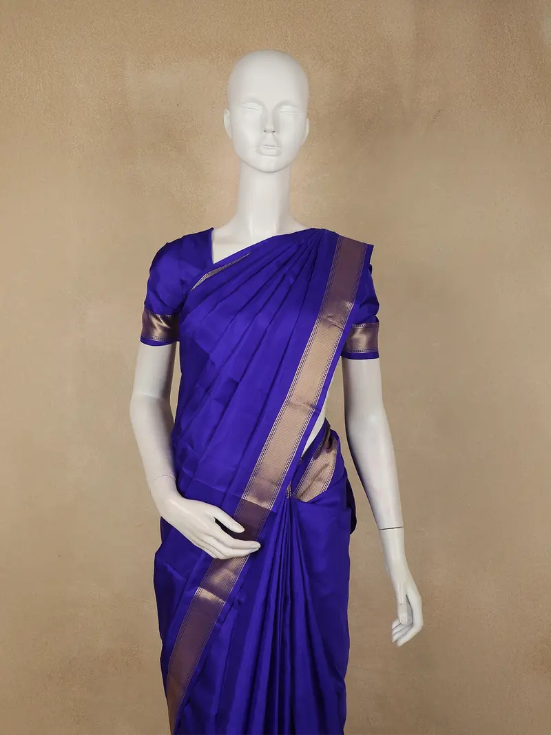 Deep Royal Blue Solid Woven Design Pure Kanchipuram Silk Saree With Zari Border 2