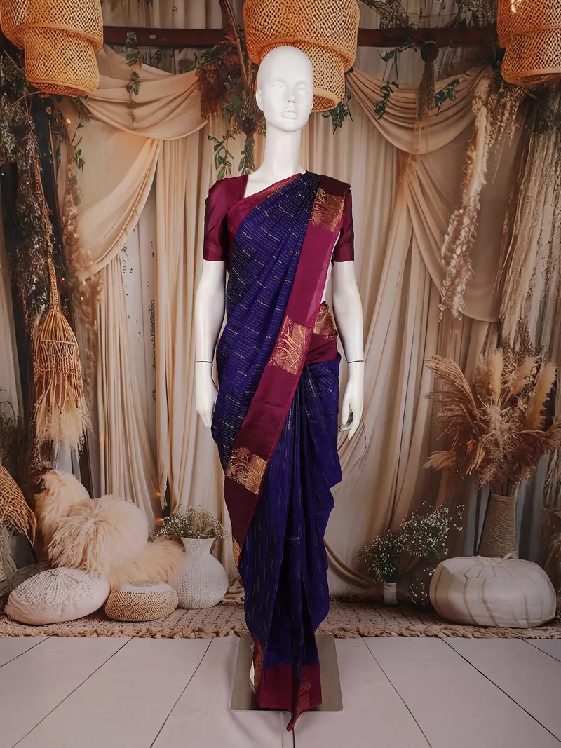 Deep Royal Blue Stripes Design Soft Silk Fancy Wear Saree With Contrast Border 1