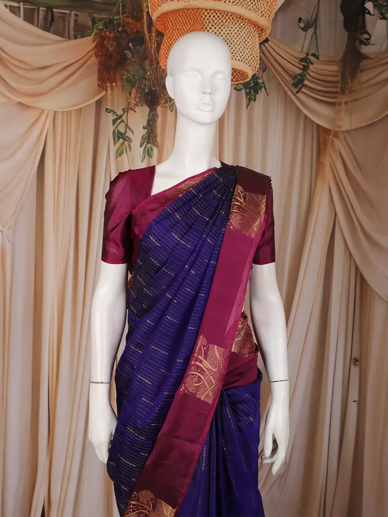 Deep Royal Blue Stripes Design Soft Silk Fancy Wear Saree With Contrast Border 2