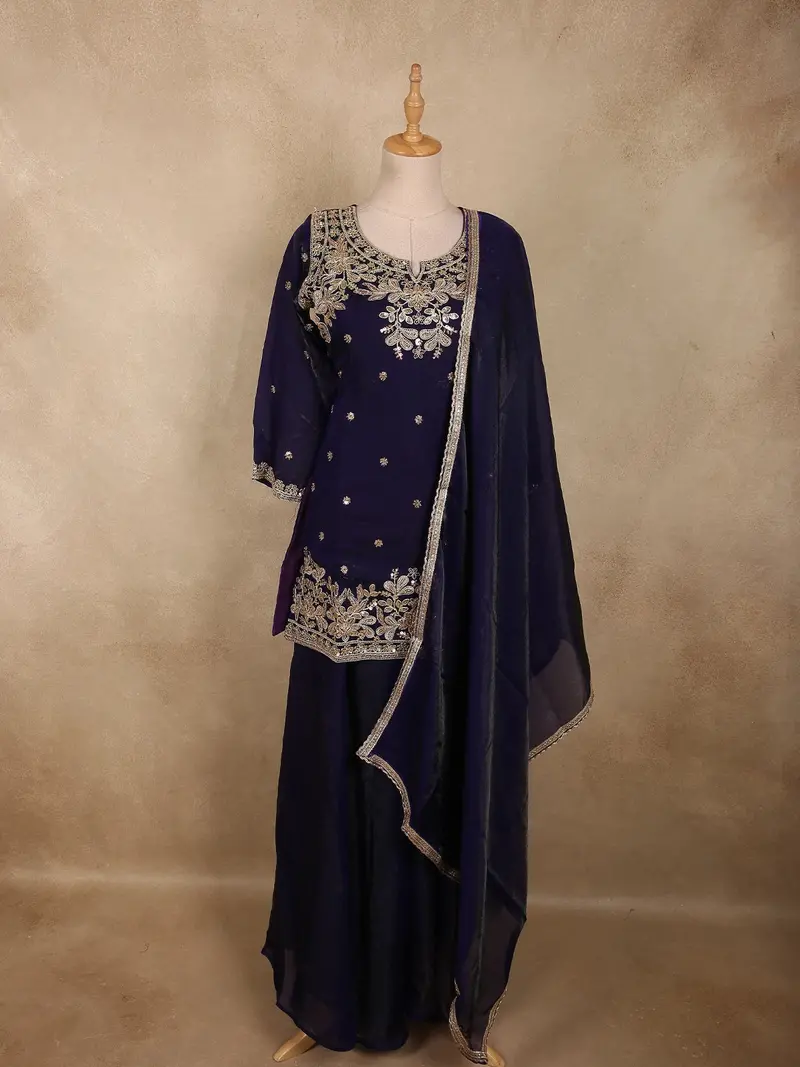 Deep Royal Indigo Blue Floral Sequins And Beads Embroidered Design Organza Palazzo Suit With Dupatta 1