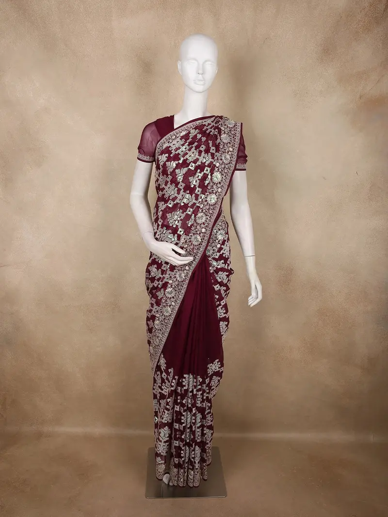 Deep Royal Maroon Sequins Embroidered Design Tussar Designer Saree 1