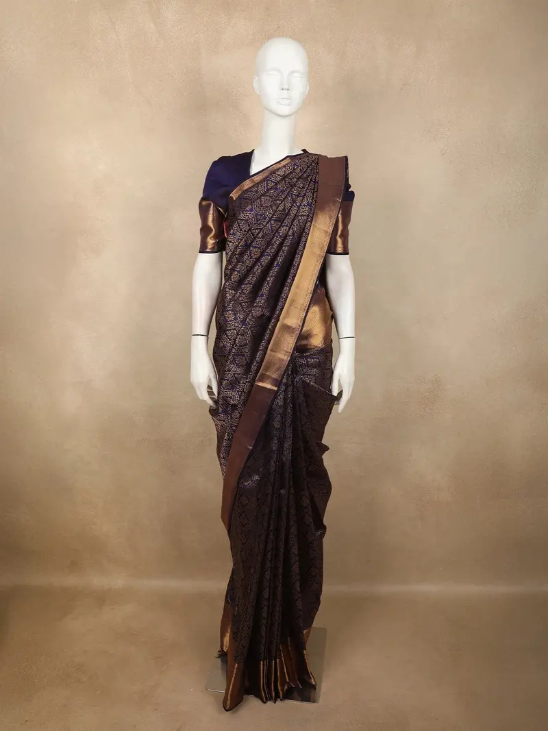 Deep Royal Navy Blue Floral Brocade Zari Woven Design Pure Kanchipuram Silk Saree With Zari Border 1