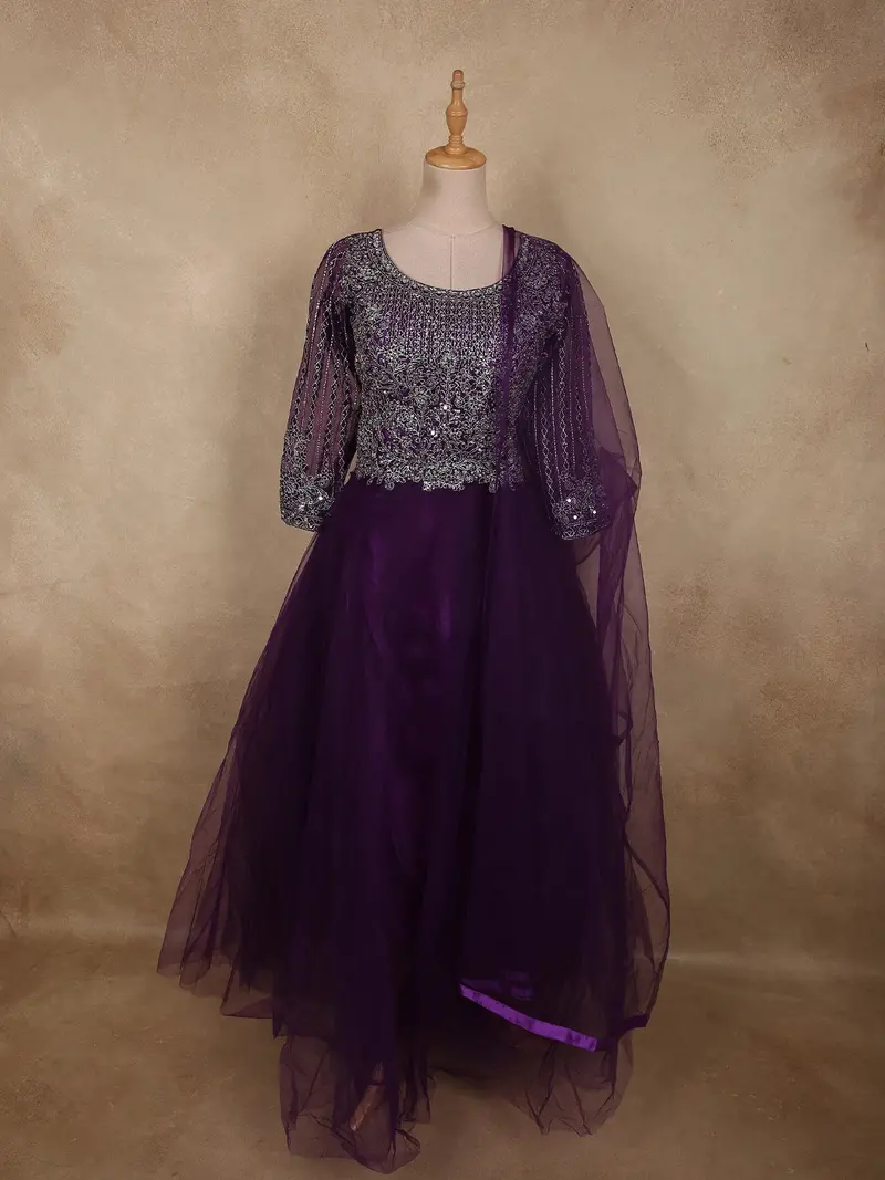 Deep Royal Plum Purple Floral Zari Embroidered Design Net Gown With Dupatta 1