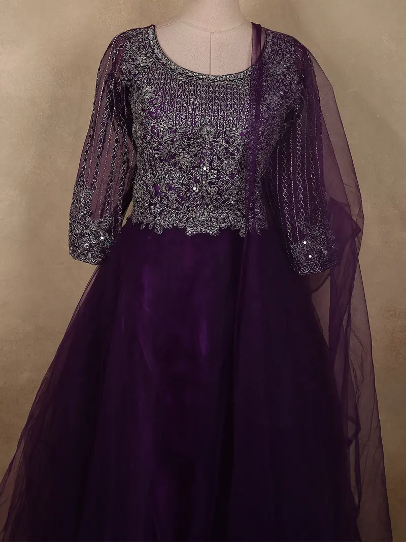 Deep Royal Plum Purple Floral Zari Embroidered Design Net Gown With Dupatta 2