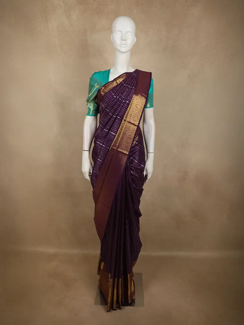 Deep Royal Plum Purple Striped Zari Woven Design Pure Kanchipuram Silk Saree With Paisley Zari Border 1