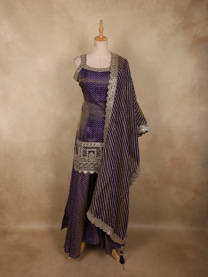 Deep Royal Purple Butta Zari Woven Design Banarasi Silk Palazzo Suit With Dupatta 1