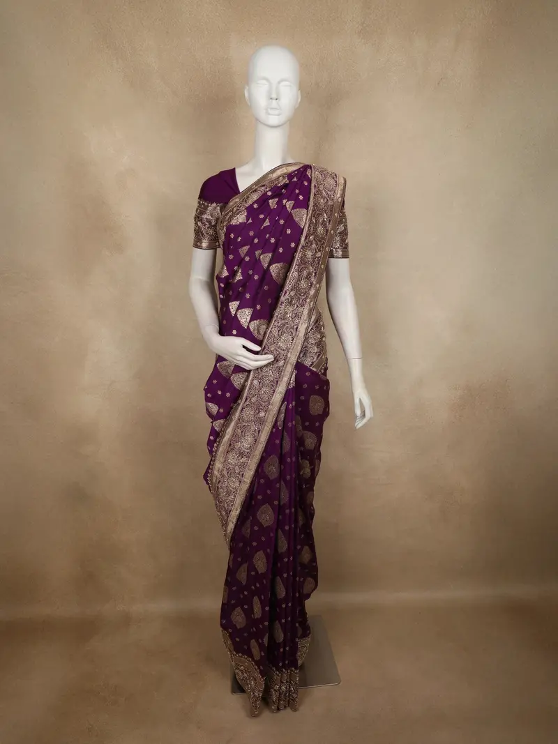 Deep Royal Purple Butta Zari Woven Design Pure Banarasi Silk Designer Saree With Zardozi Work Border 1