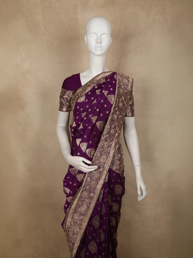 Deep Royal Purple Butta Zari Woven Design Pure Banarasi Silk Designer Saree With Zardozi Work Border 2