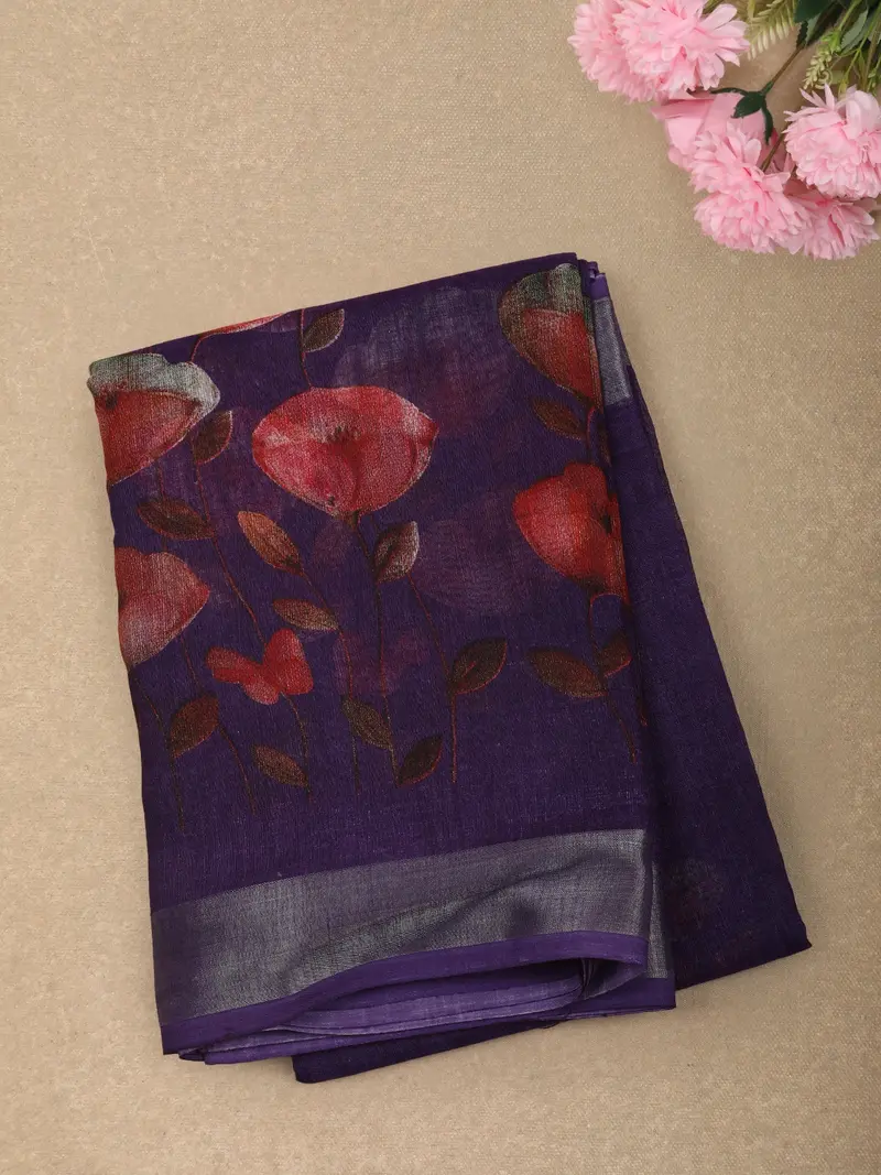 Deep Royal Purple Floral Printed Design Linen Cotton Saree 1