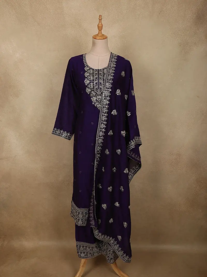Deep Royal Purple Floral Sequins And Thread Embroidered Design Georgette Salwar With Dupatta 1