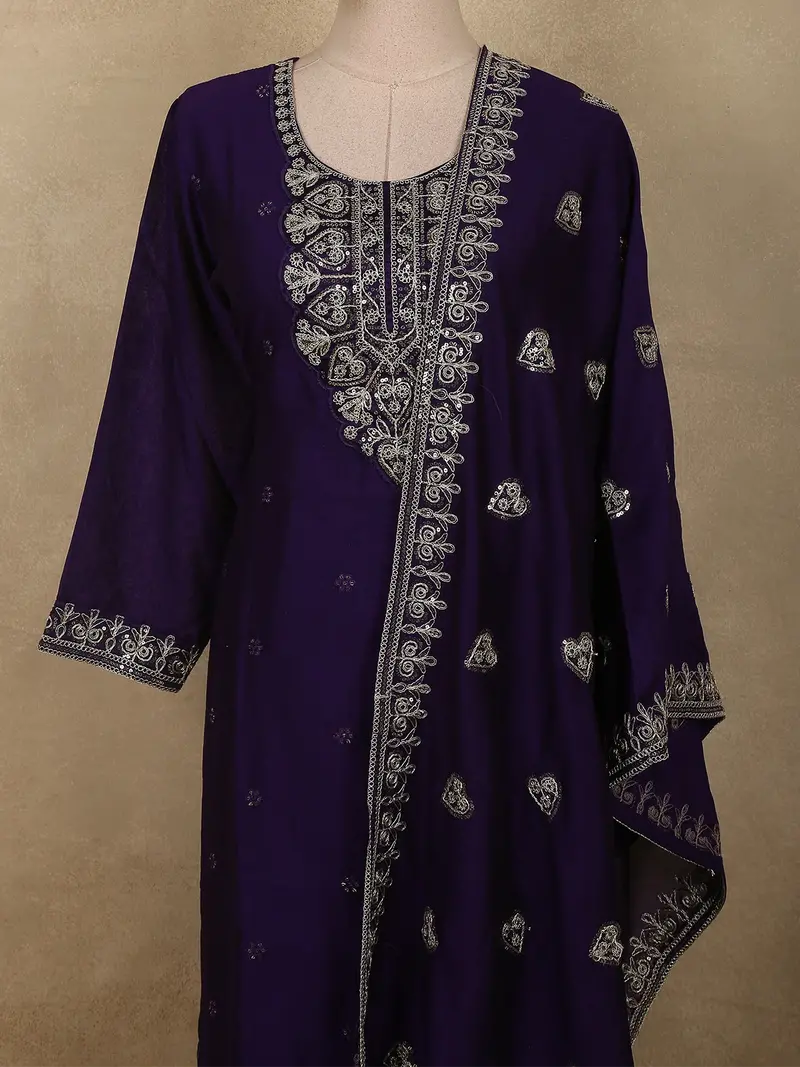 Deep Royal Purple Floral Sequins And Thread Embroidered Design Georgette Salwar With Dupatta 2