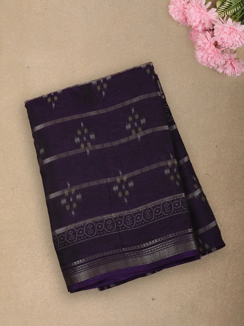 Deep Royal Purple Ikat Printed Design Mixed Cotton Saree With Zari Woven Border 1