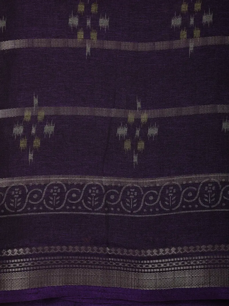 Deep Royal Purple Ikat Printed Design Mixed Cotton Saree With Zari Woven Border 2