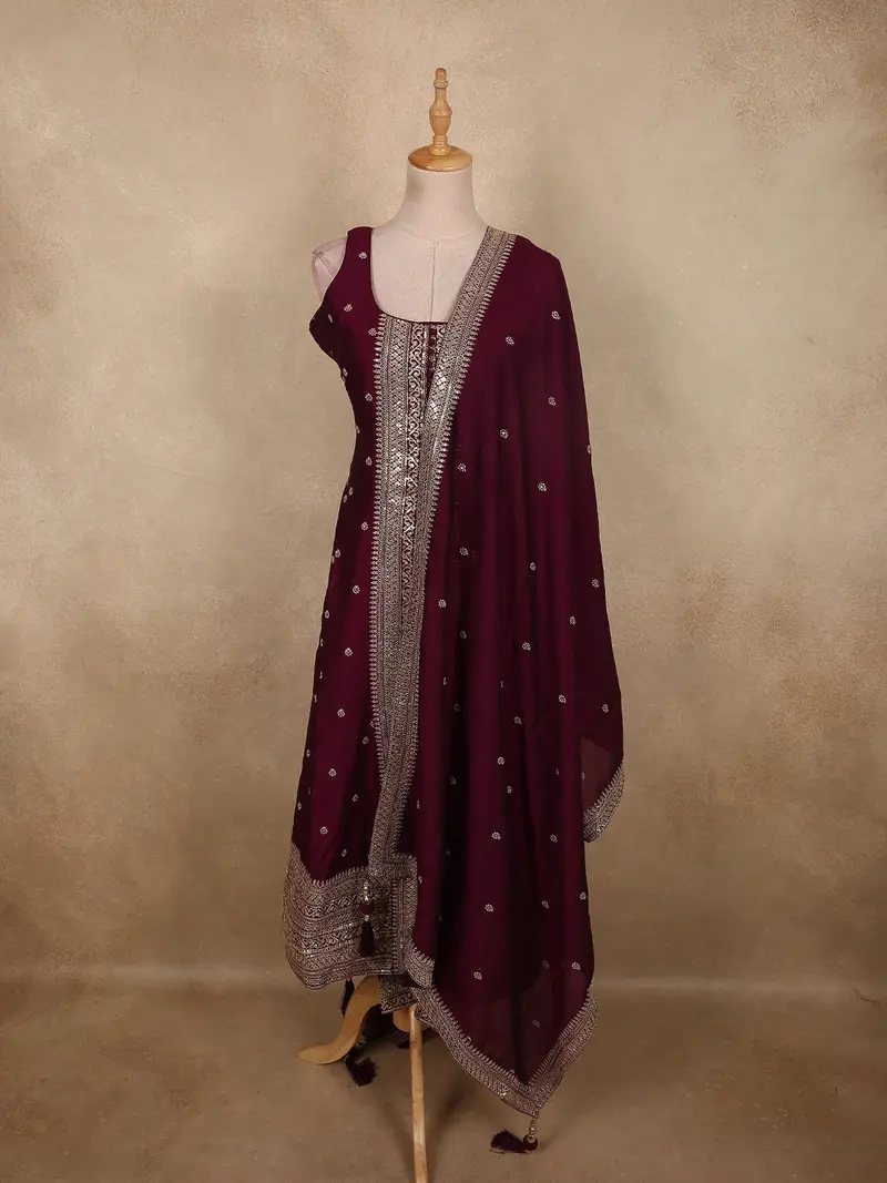 Deep Royal Wine Butta Zari Woven Design Silk Salwar Suit With Dupatta 1