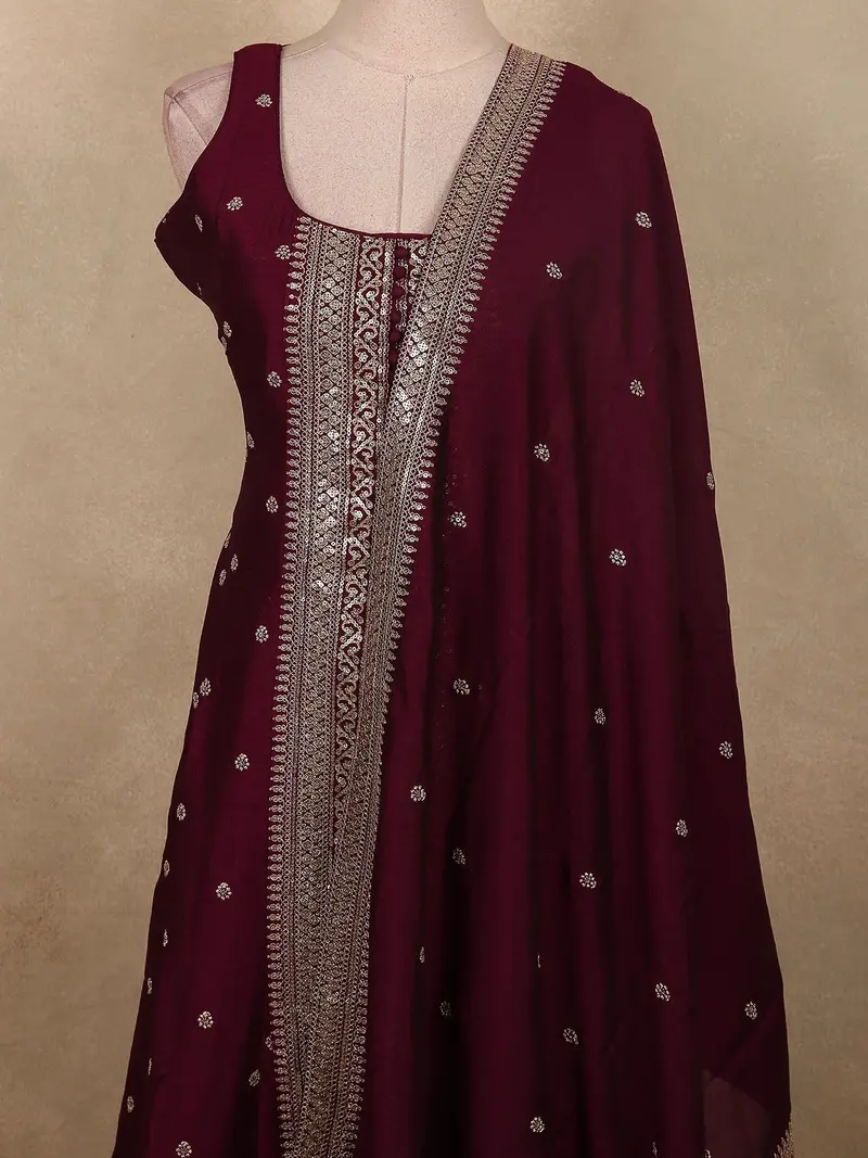 Deep Royal Wine Butta Zari Woven Design Silk Salwar Suit With Dupatta 2